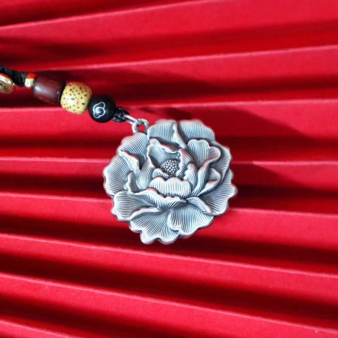 Retro Peony Solid Silver Pendant – Wear the Elegance of China’s "National Flower" as a Romantic Chinese-Style Accessory | POD Customizable
