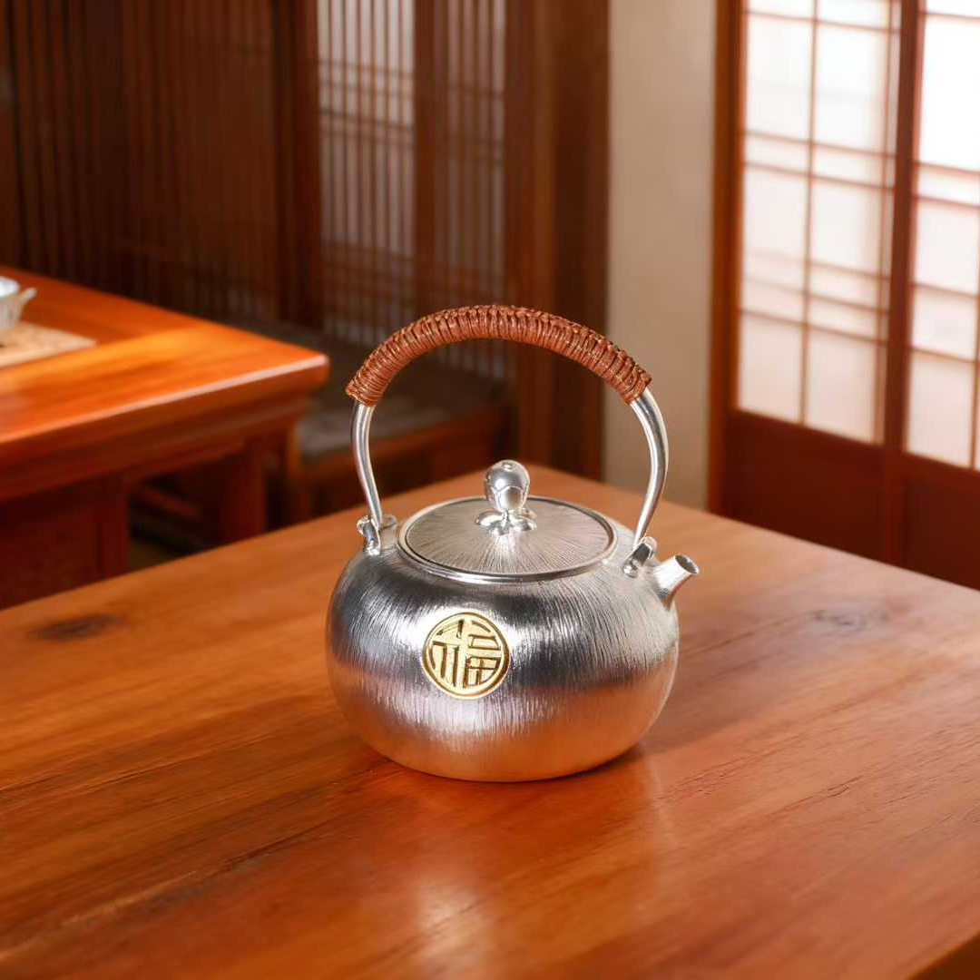 Fortune Kettle Fine Silverware with Full-Patterned Matte Tree-Grain Design Auspicious Tea Set | POD Customizable