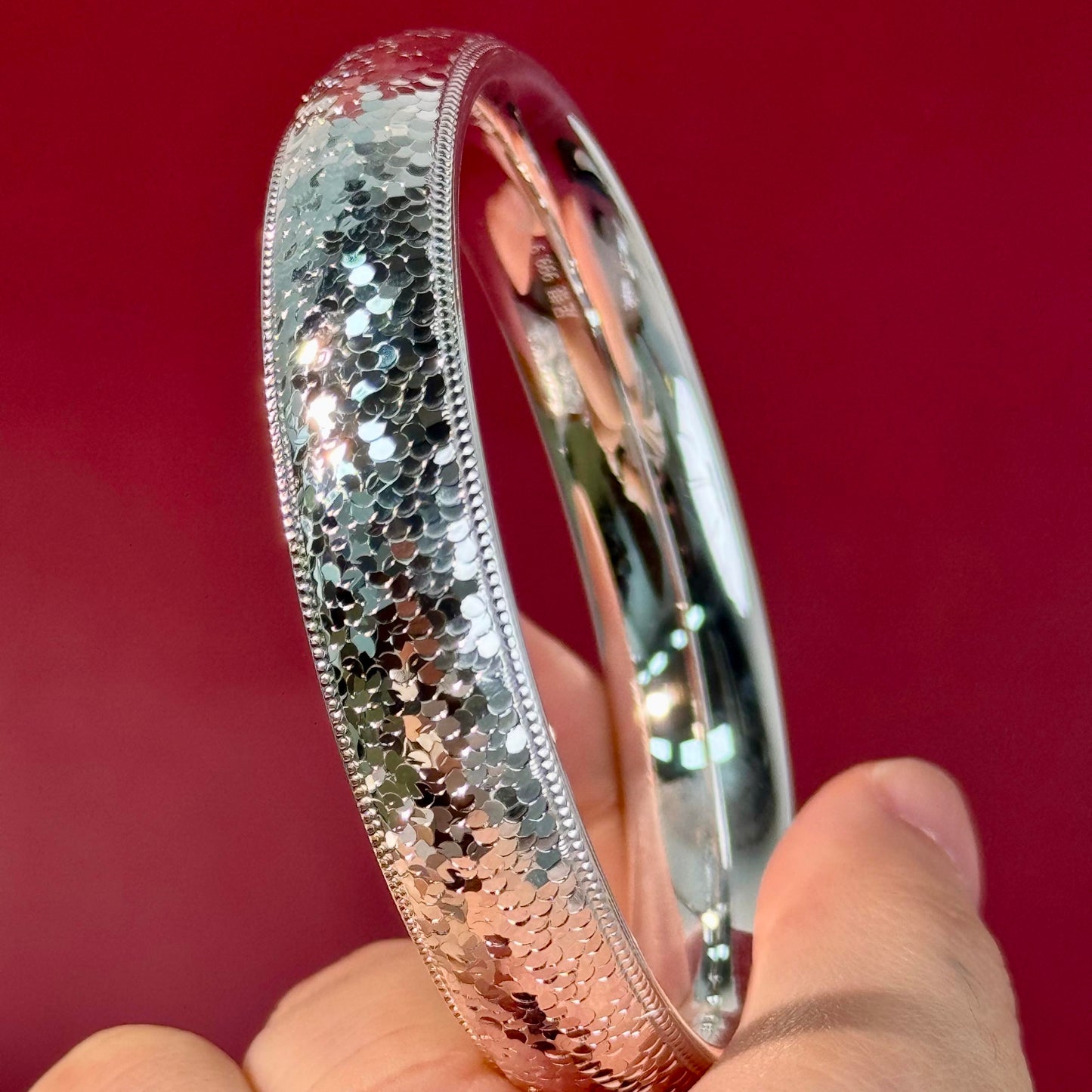 Silver "Scaly Texture & Soft Shine" Wide Bangle – Light Hides in Texture, Premium Vibe on Wrist | POD Customizable