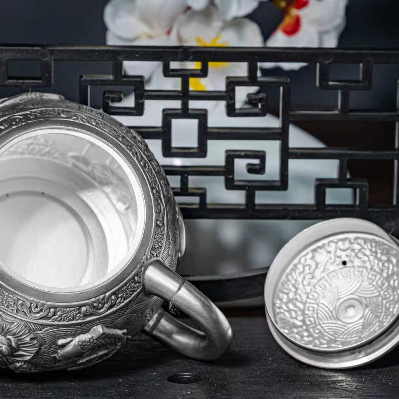 Year-Round Abundance Tea Set with Antique-Finished Silverware Personalized Decorative Piece in Plain Style Handcrafted | POD Customizable