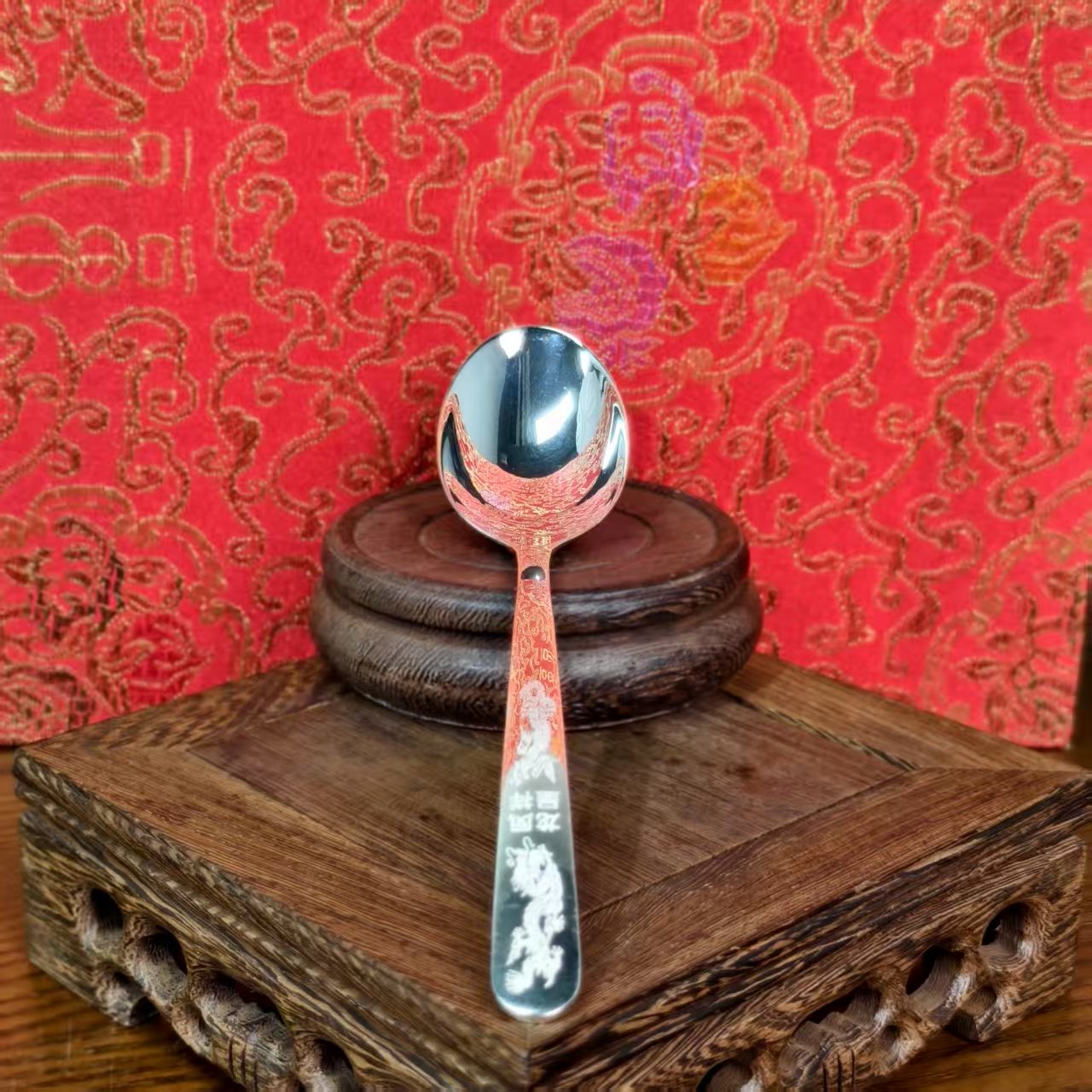 Sterling Silver Homeware: Grand Dragon and Phoenix Auspiciousness Chinese-Style Silverware Spoon with Vintage Polished Finish | POD Customizable