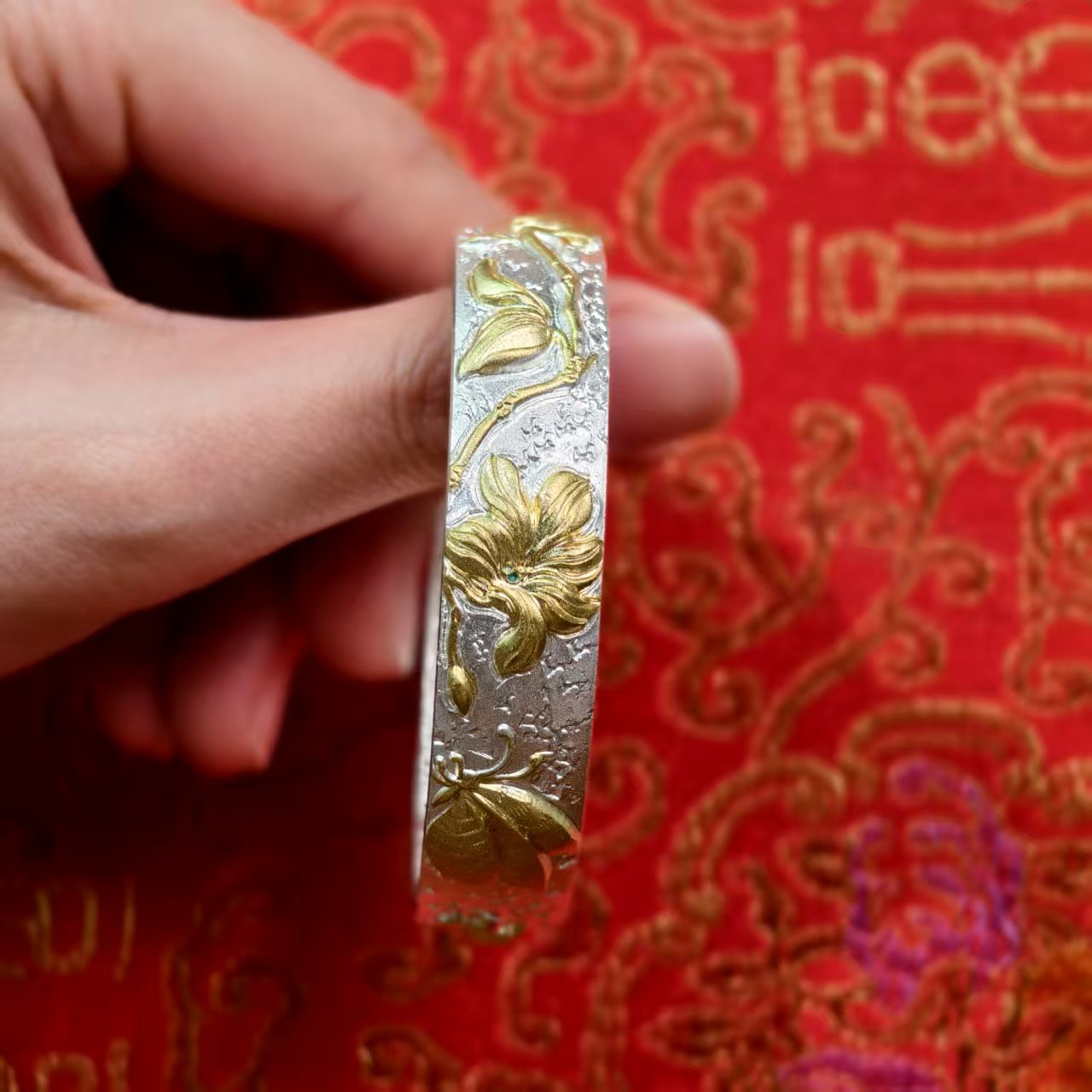 Luxury Floral Gold-Plated Bracelet Sterling Silver Traditional-Style Bangle Ideal Gift | POD Customizable