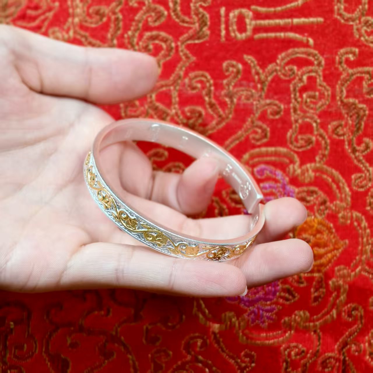 Luxury-grade gold-painted floral pattern bracelet Sterling silver traditional-style bangle Ideal gift selection | POD Customizable