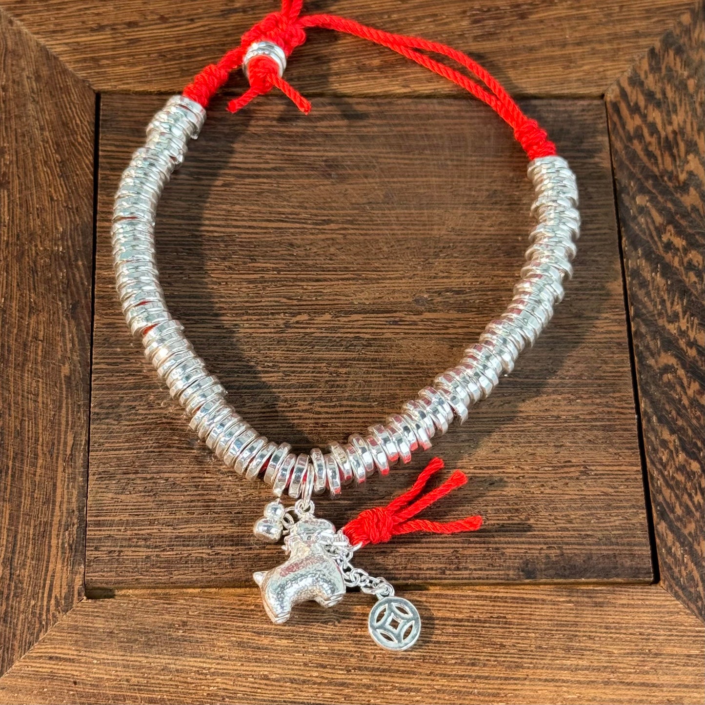 Silver Beaded Red String "Auspicious Cute Ox" Bracelet – Silver Beads Wrapped in Red, Auspicious & Playful Vibe on Wrist | POD Customizable
