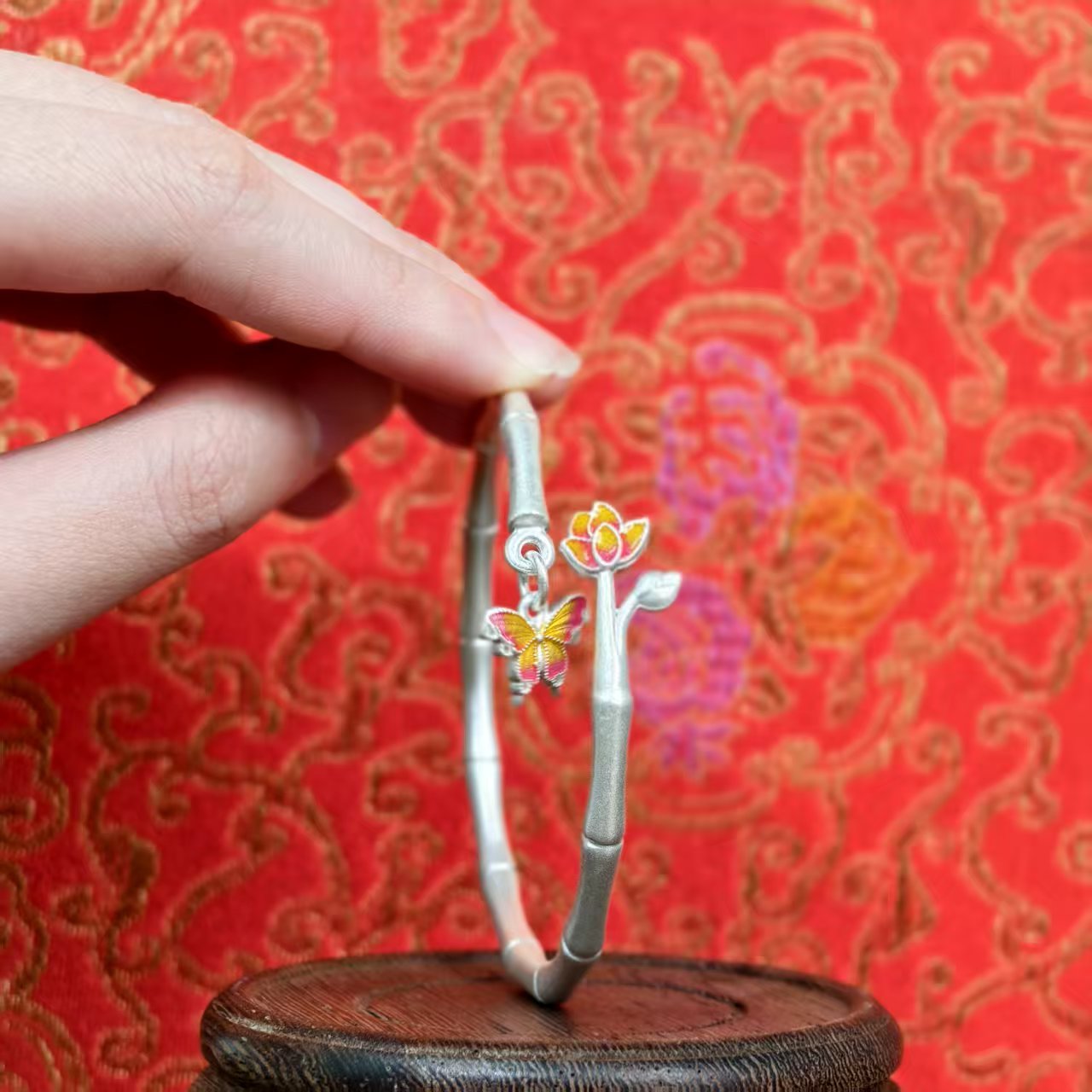 Luxury Bamboo-Knot Butterfly Flower Bracelet Fine Silver Traditional-Style Bangle Elegant Gift for Special Occasions | POD Customizable