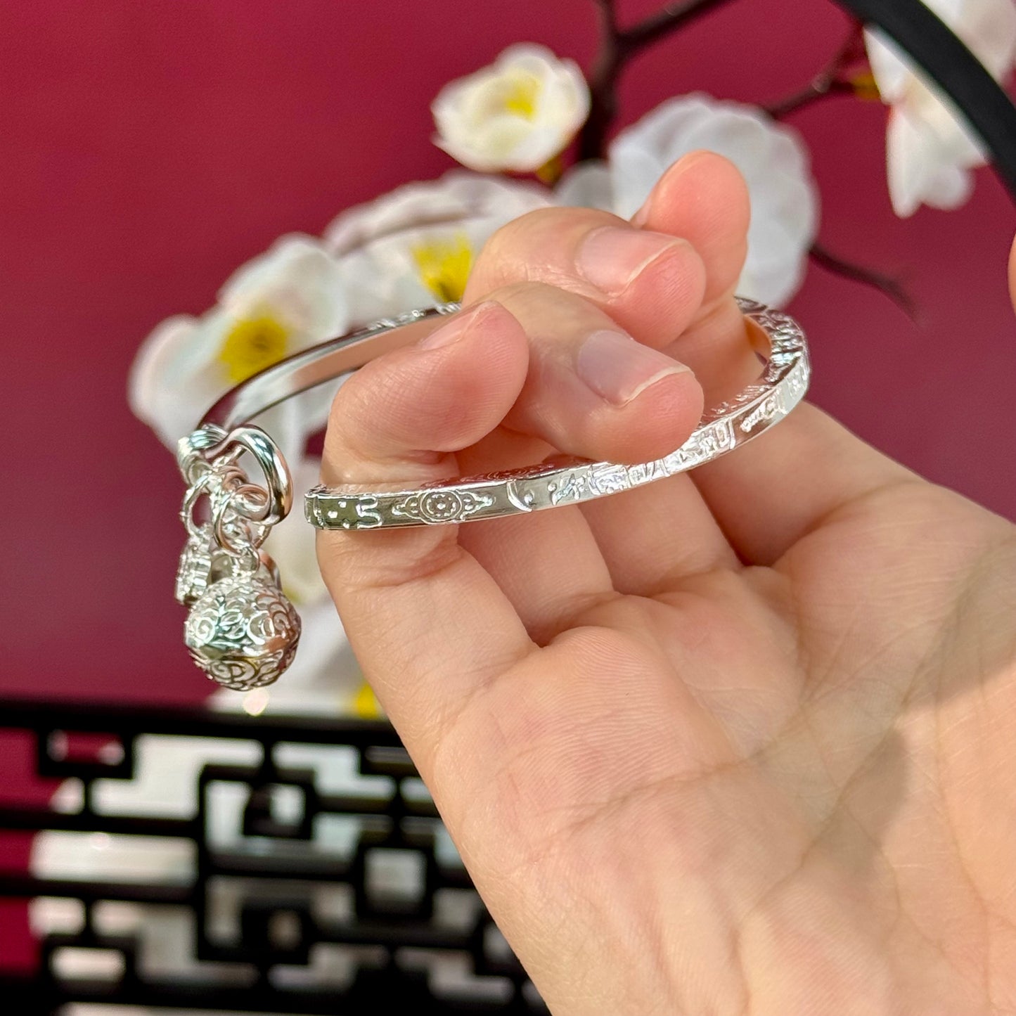Pure Silver Bell & Pattern "Good Fortune & Bliss" Bangle – Luck Woven in Patterns, Blessings in Bell Chimes | POD Customizable