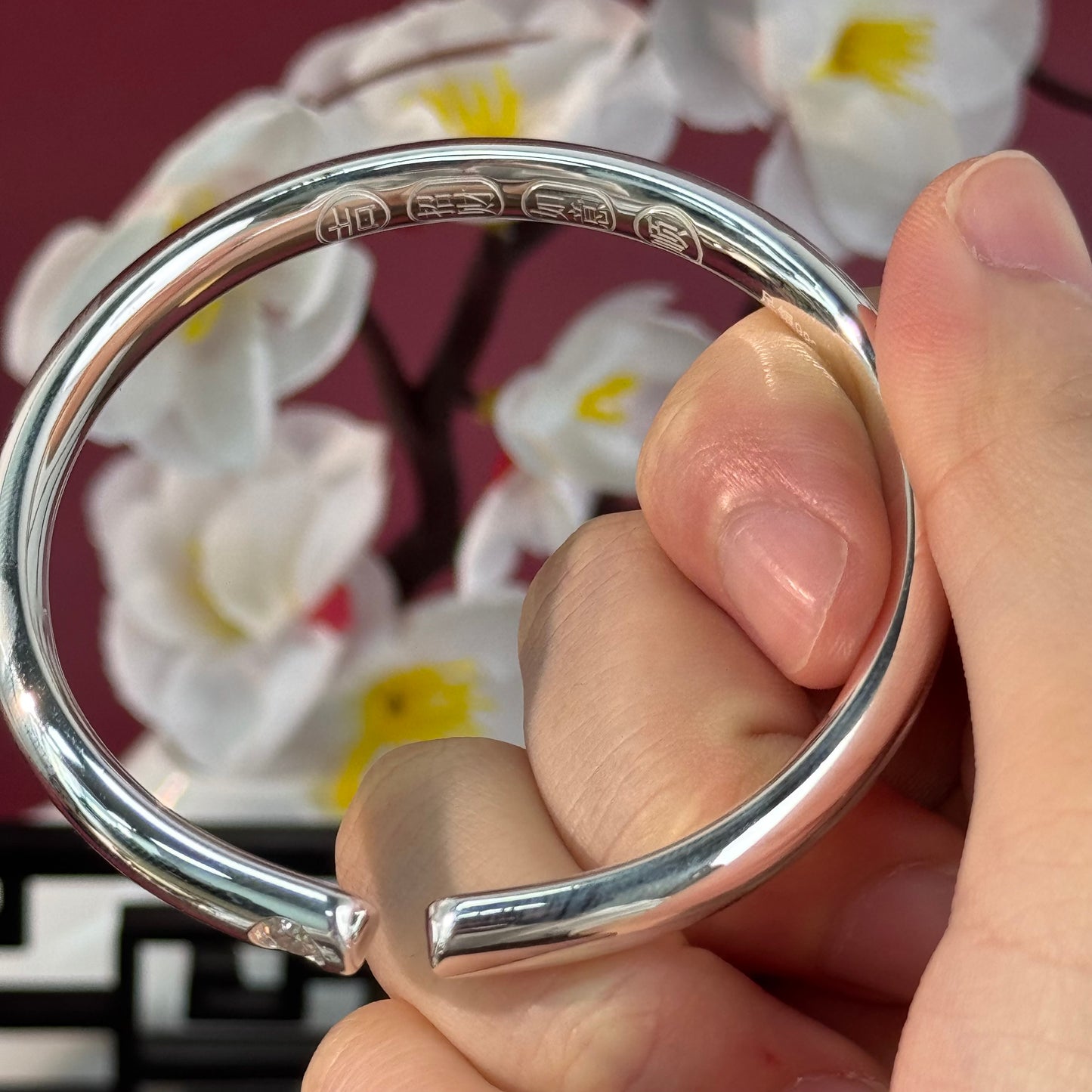 Pure Silver Plain Band Bangle with "Good Fortune & Bliss" Engraved on the Inside | POD Customizable