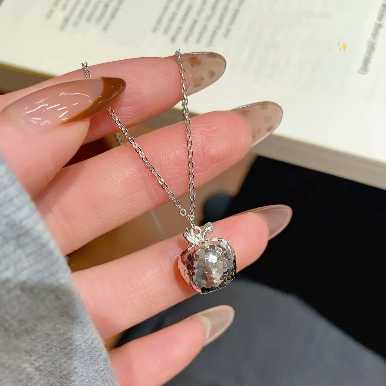 Christmas "Crushed Ice" Silver Apple Pendant Necklace – Sparkling Holiday Peace Charm Product Details | POD Customizable