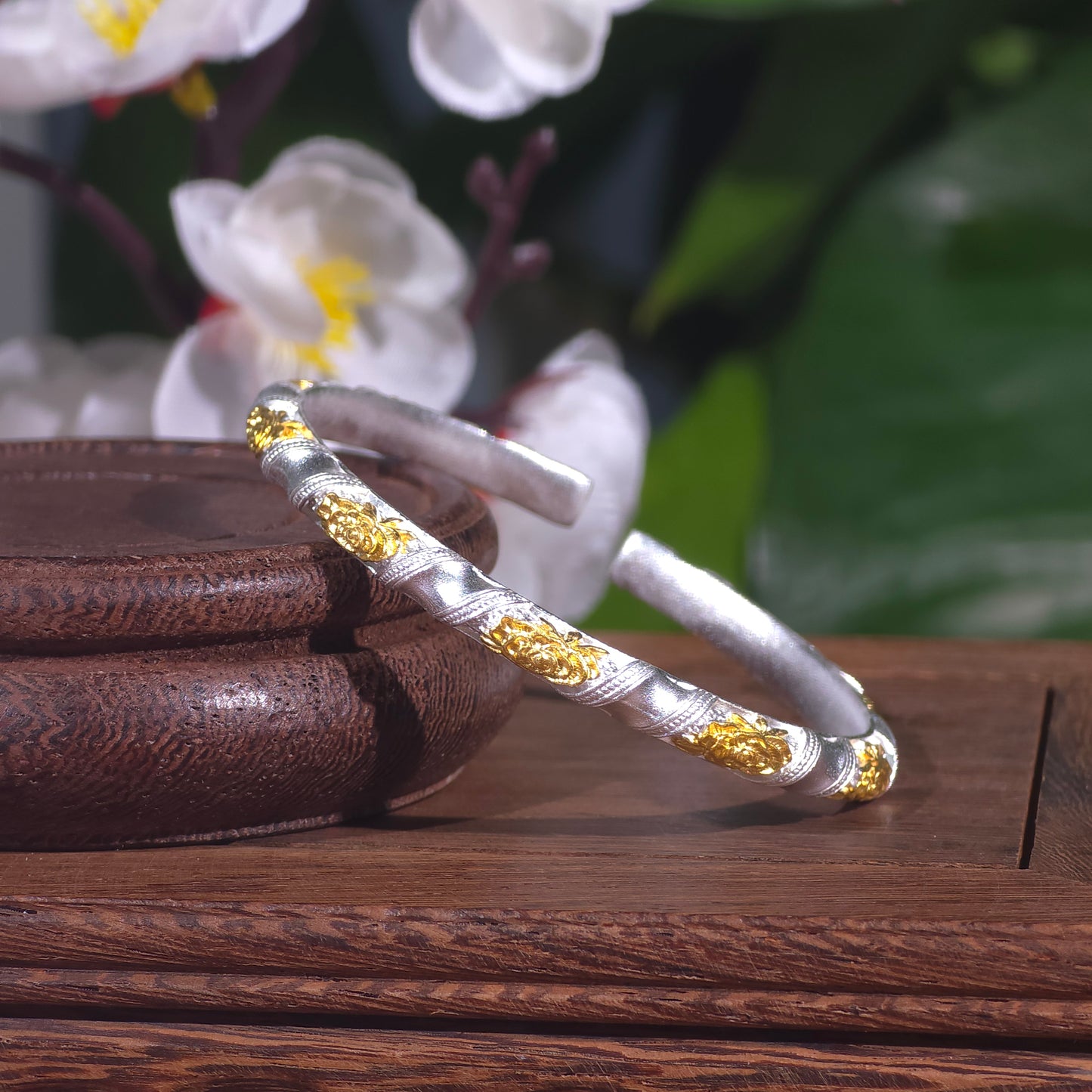 Fine Silver Gilded Carved Peony Chinese Style Bracelet Elegant and Versatile Gift | POD Customizable