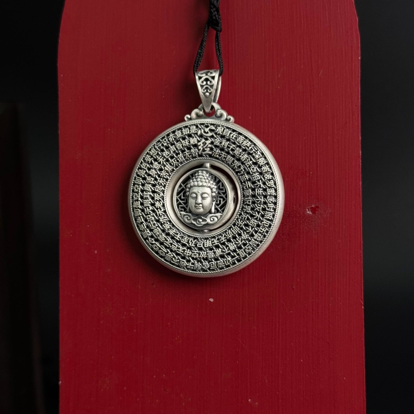 Solid Silver Rotatable Buddha Head & Heart Sutra Pendant – Carry Peaceful Blessings as a Portable Calm Token