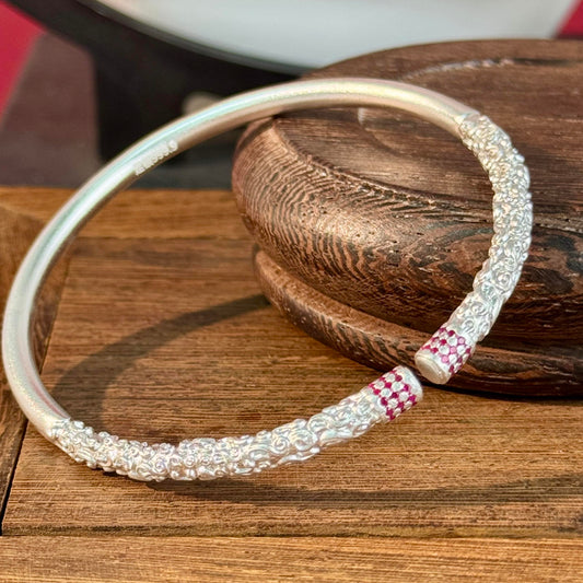 Silver with Diamond Accents "Intertwined Branch Charm" Open Bangle – Silver Texture with Red Accents, Elegant Atmosphere on Wrist | POD Customizable