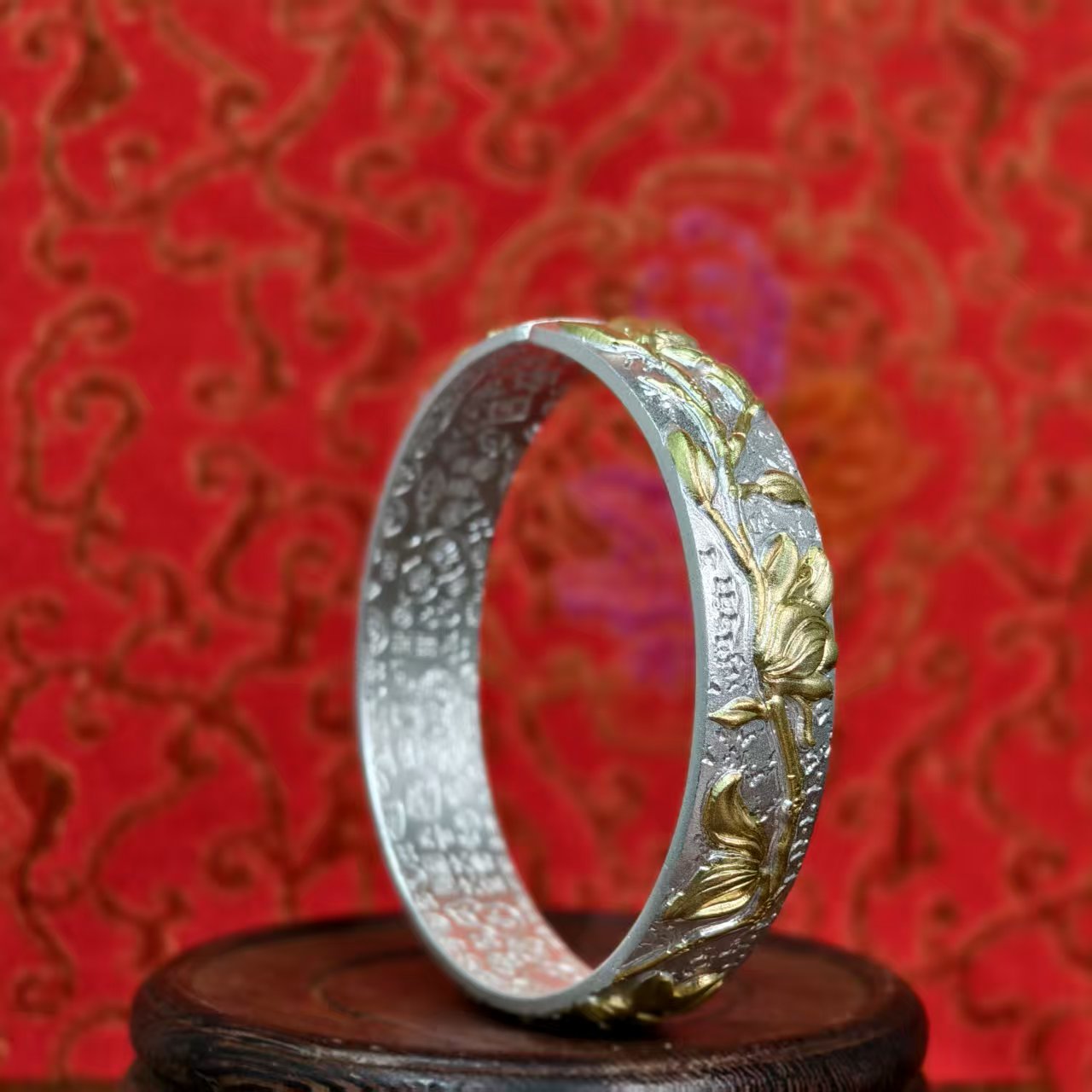 Luxury Floral Gold-Plated Bracelet Sterling Silver Traditional-Style Bangle Ideal Gift | POD Customizable