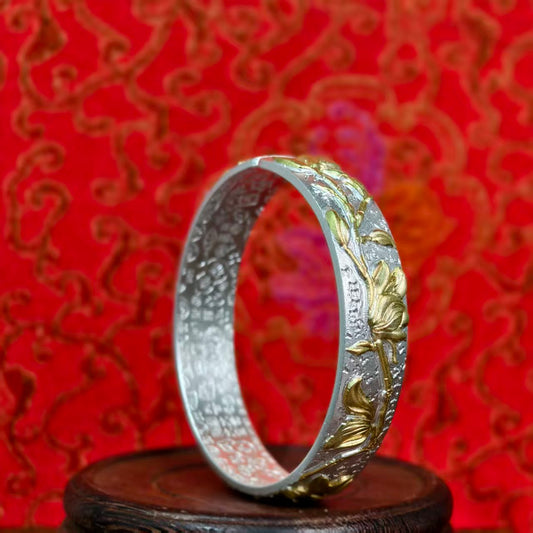 Luxury Floral Gold-Plated Bracelet Sterling Silver Traditional-Style Bangle Ideal Gift | POD Customizable