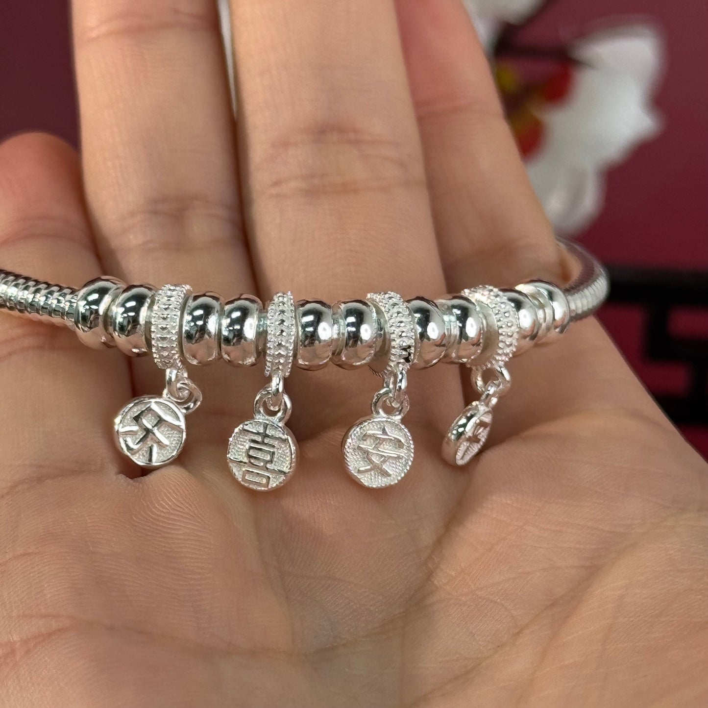 Silver "Peace & Joy" Adjustable Bangle | POD Customizable