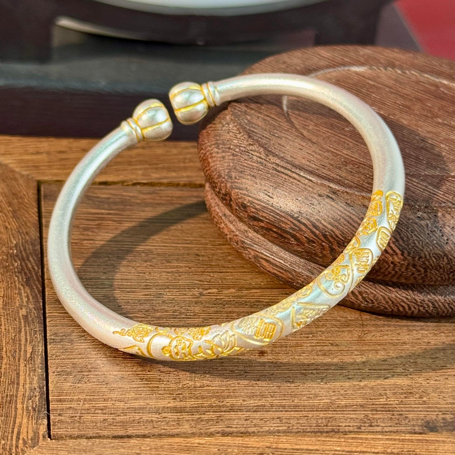 Silver with Gold Accents "Gilded Pumpkin Head · Hundred Blessings & Lotus Pattern" Open Bangle – Auspicious Pumpkin on Wrist, Blessings Wrapped in Tenderness | POD Customizable
