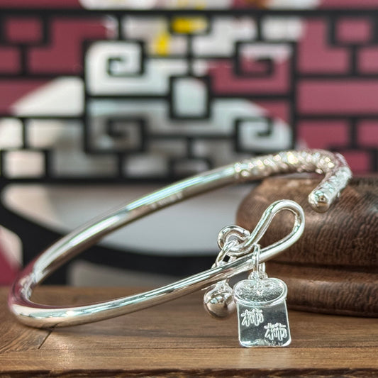 Pure Silver Bamboo Joint "Shishi Ruyi" Bangle – Bamboo Charm & Wrist Blessings | POD Customizable