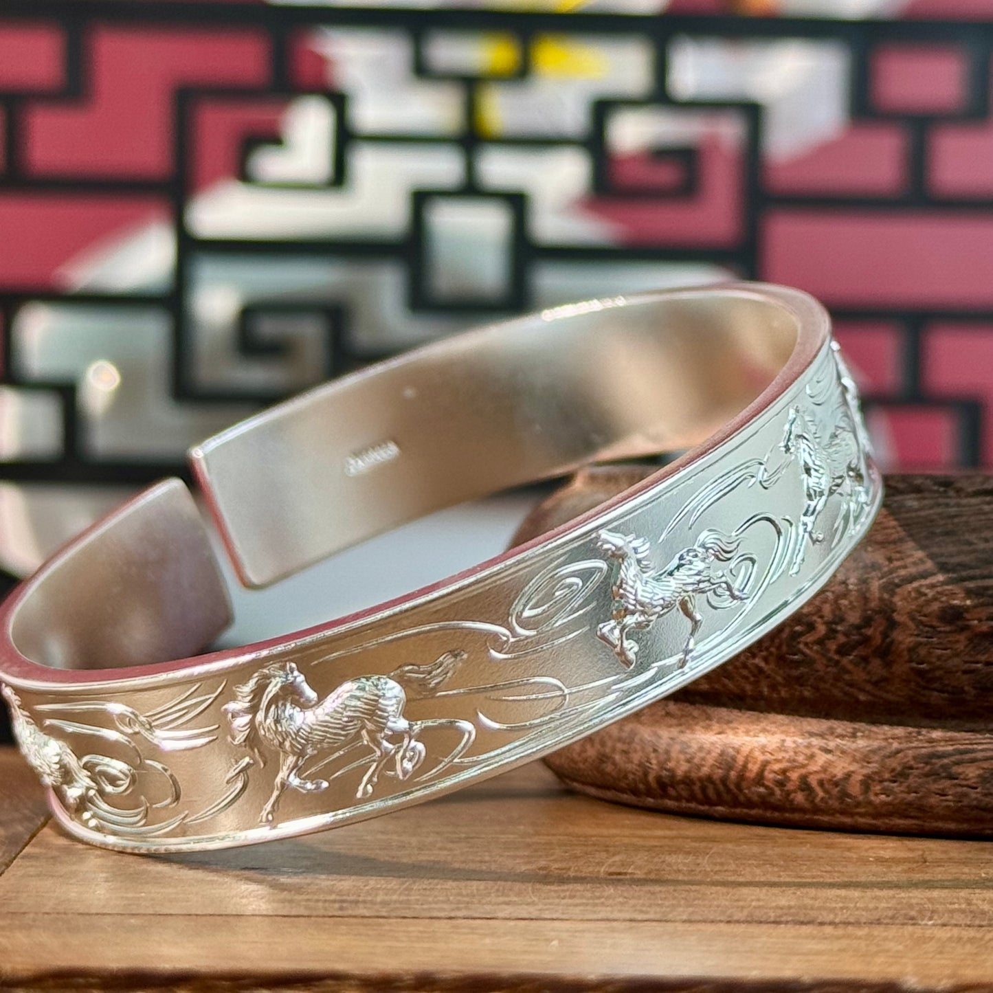 Silver Product "Galloping Horse Pattern Open Bangle" – Silver Steed on Wrist, Fortune Follows Always | POD Customizable