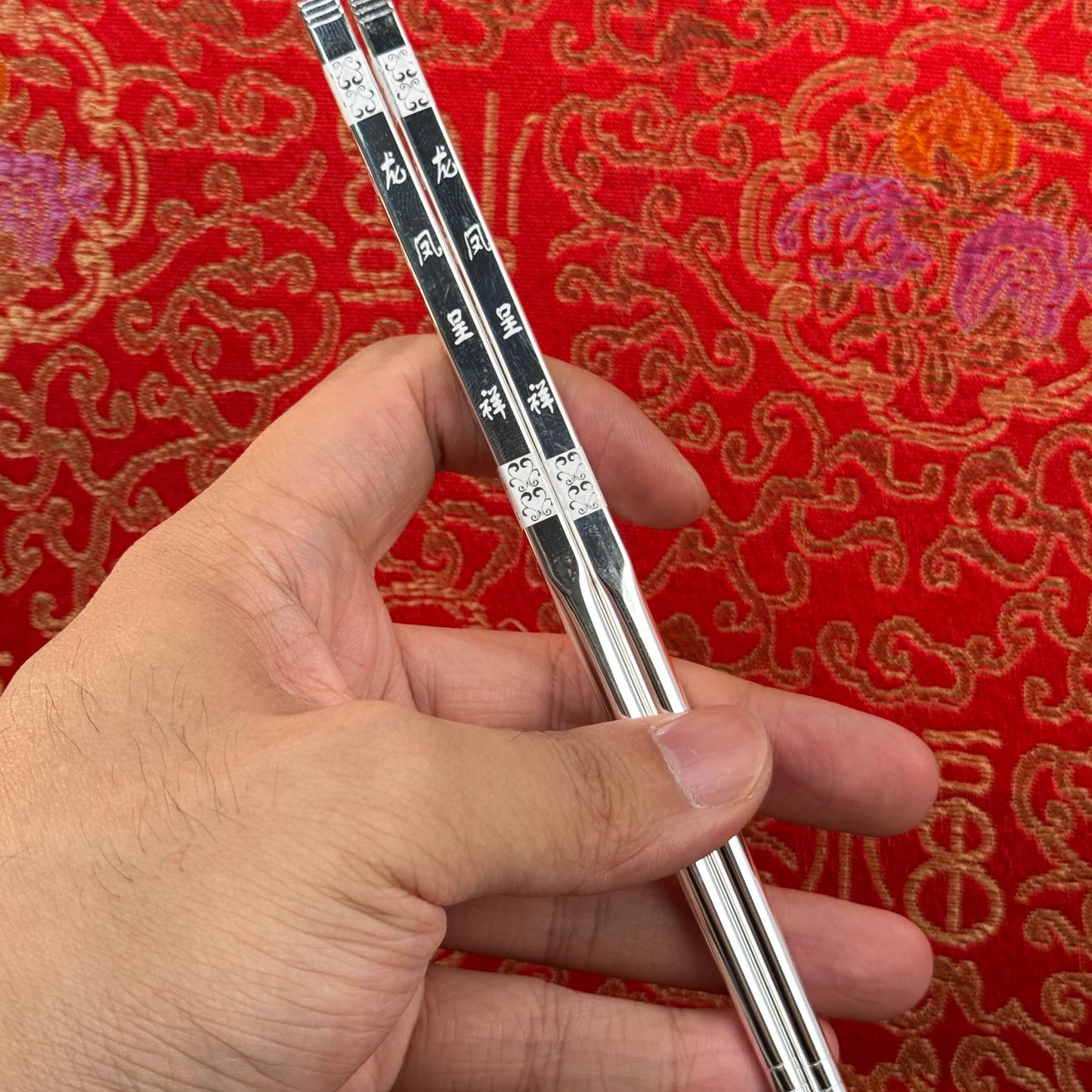 Solid Silver "Dragon & Phoenix Auspiciousness" Chopsticks – Infuse Chinese Good Fortune into Daily Meals | POD Customizable
