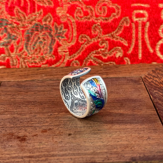 Solid Silver Cloisonné Phoenix & Auspicious Cloud Bracelet – Wear Traditional Chinese Blessings as a Colorful Wrist Feast | POD Customizable