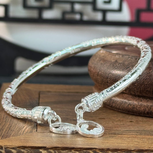 Pure Silver Mountain & Sea Pattern Bangle – World in Your Wrist, Rivers & Peaks in Silver | POD Customizable