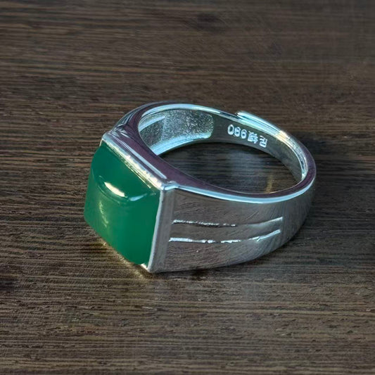 Solid Silver Inlaid Green Agate Ring – Adorn Your Fingertips with Retro Texture and Oriental Elegance | POD Customizable