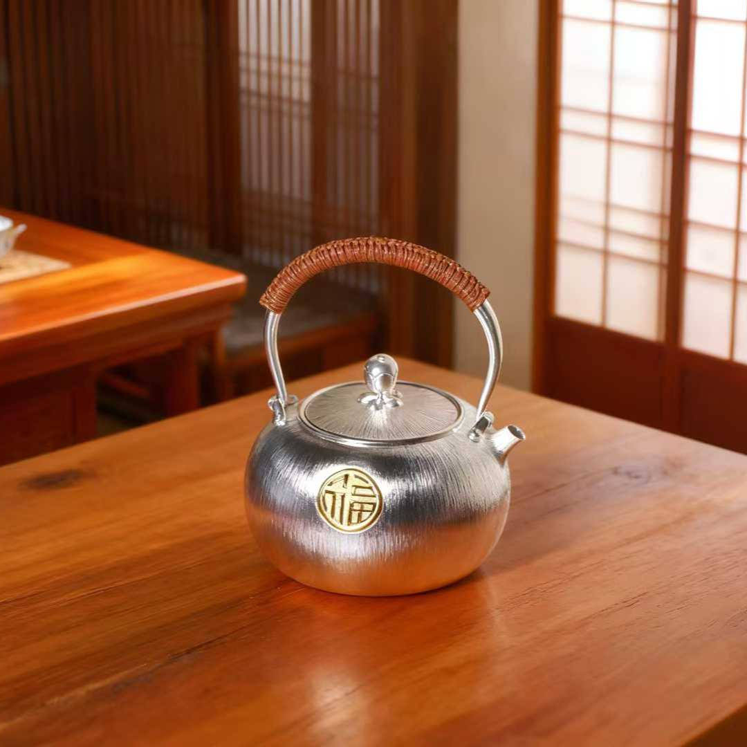 Fortune Kettle Fine Silverware with Full-Patterned Matte Tree-Grain Design Auspicious Tea Set | POD Customizable