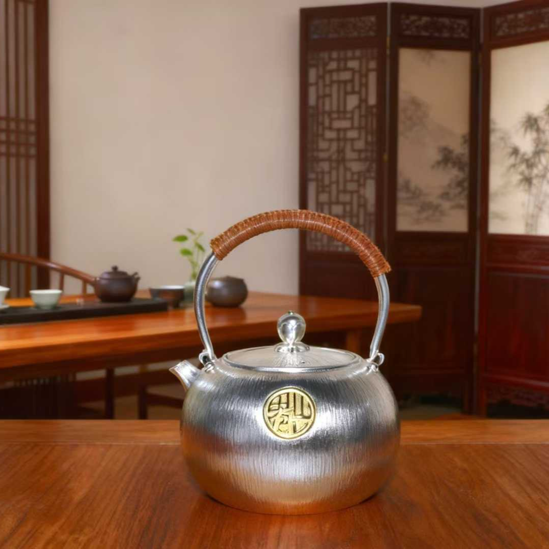 Fortune Kettle Fine Silverware with Full-Patterned Matte Tree-Grain Design Auspicious Tea Set | POD Customizable