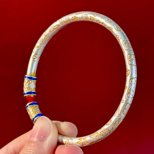 Silver with Color Accents "Hundred Blessings & Traditional Charm" Chinese-Style Bangle – Intangible Heritage on Wrist, Auspiciousness Wrapped in Elegance | POD Customizable