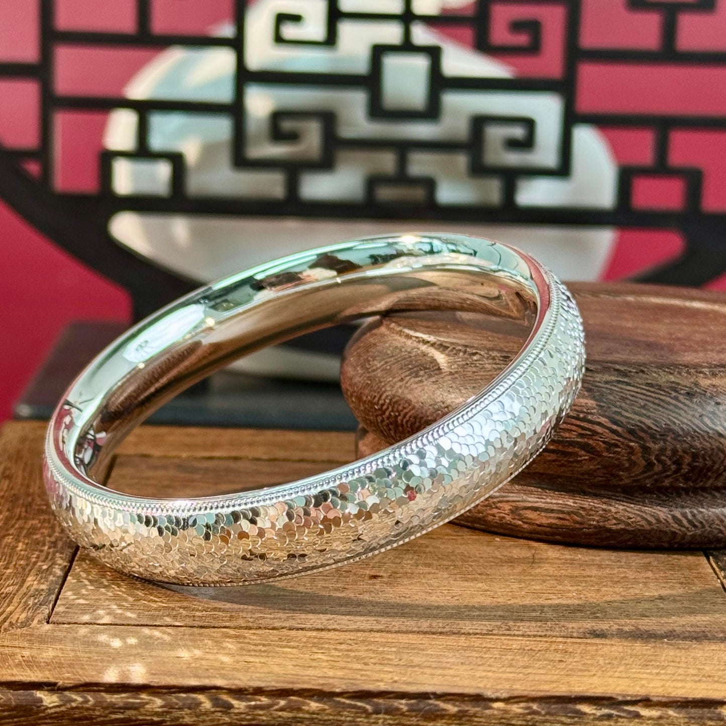 Silver "Scaly Texture & Soft Shine" Wide Bangle – Light Hides in Texture, Premium Vibe on Wrist | POD Customizable