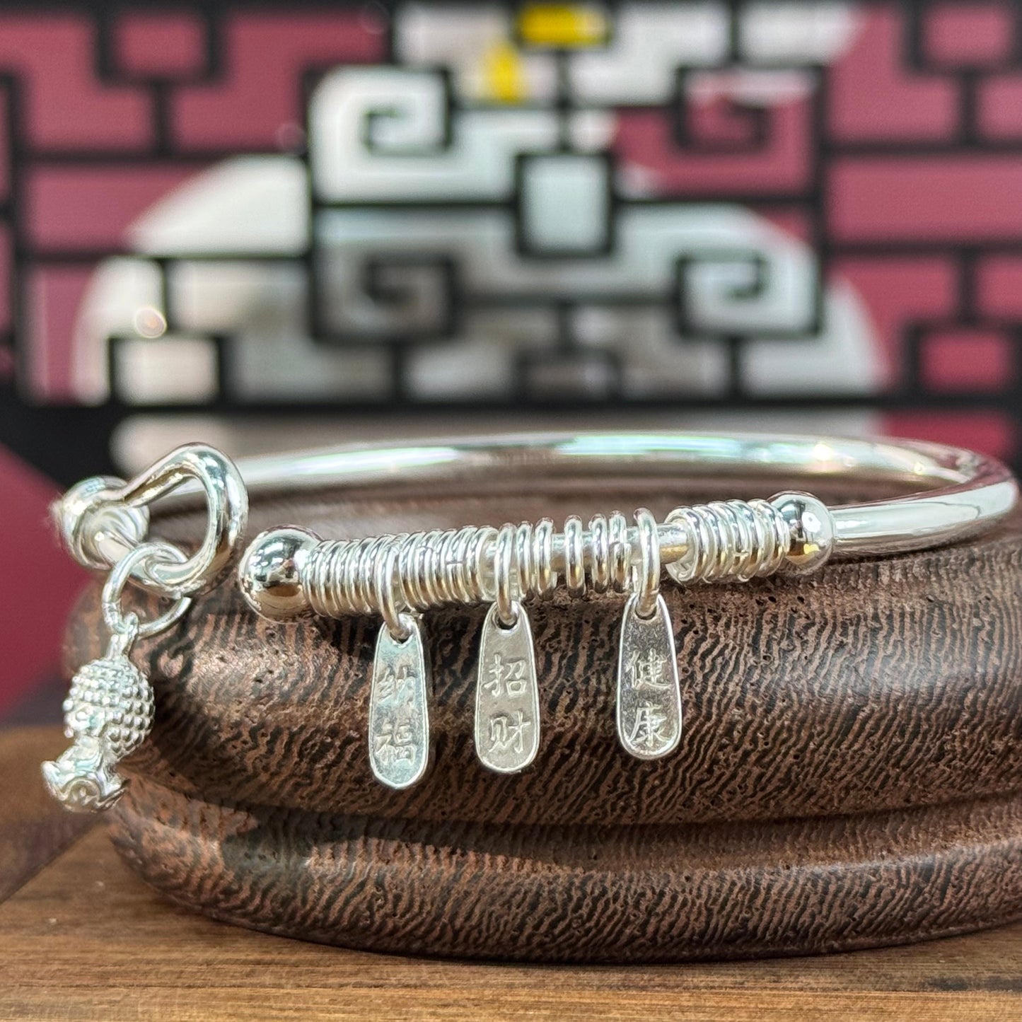 Pure Silver Braided Wire Pendant Bangle – Lucky Charms on Wrist, Delicate & Blessed | POD Customizable