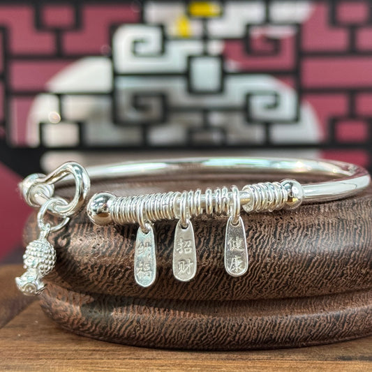 Pure Silver Braided Wire Pendant Bangle – Lucky Charms on Wrist, Delicate & Blessed | POD Customizable