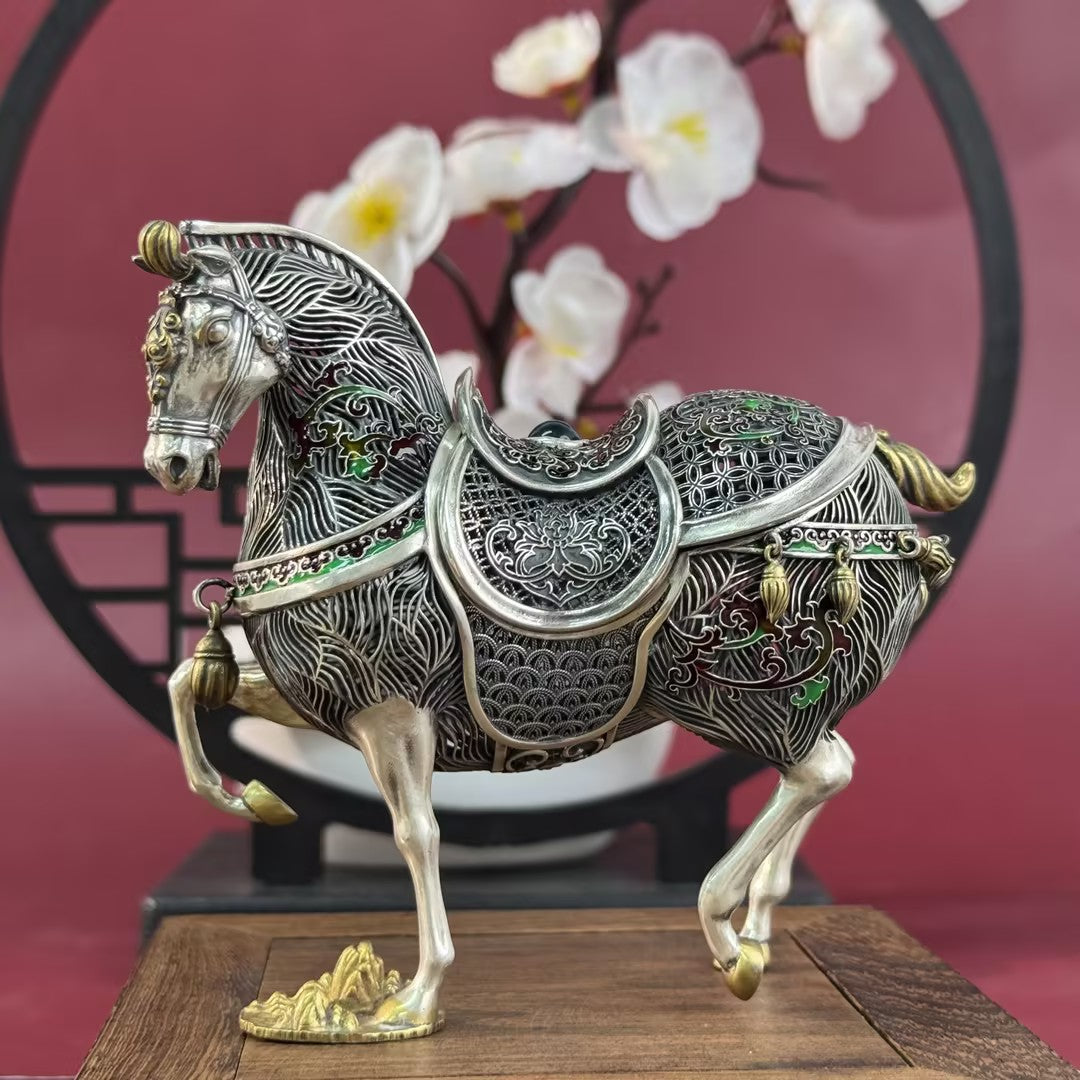 Pure Silver Filigree Enamel Horse Ornament – Silver-Carved Horse Treads on Clouds, Enamel Holds Auspiciousness | POD Customizable