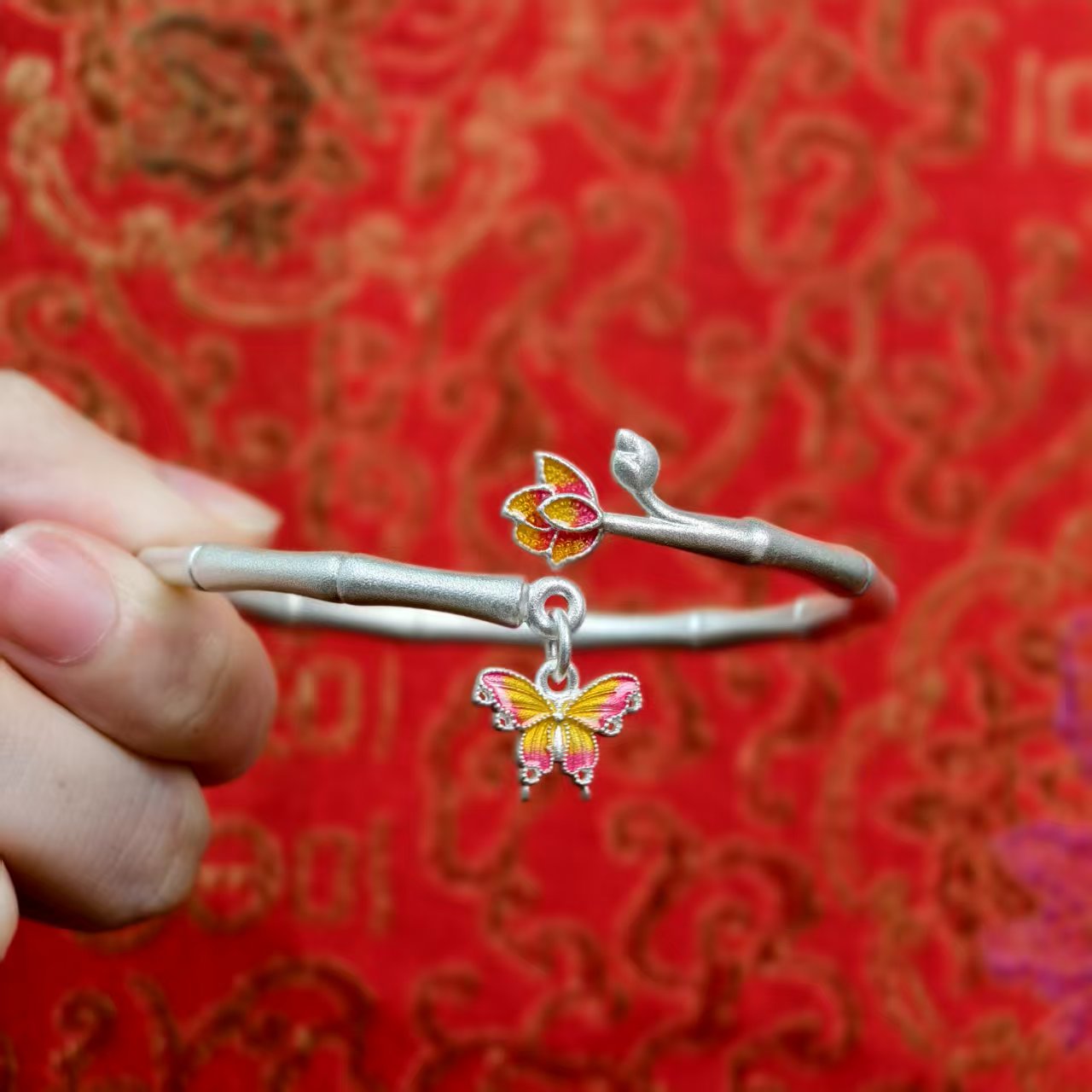 Luxury Bamboo-Knot Butterfly Flower Bracelet Fine Silver Traditional-Style Bangle Elegant Gift for Special Occasions | POD Customizable