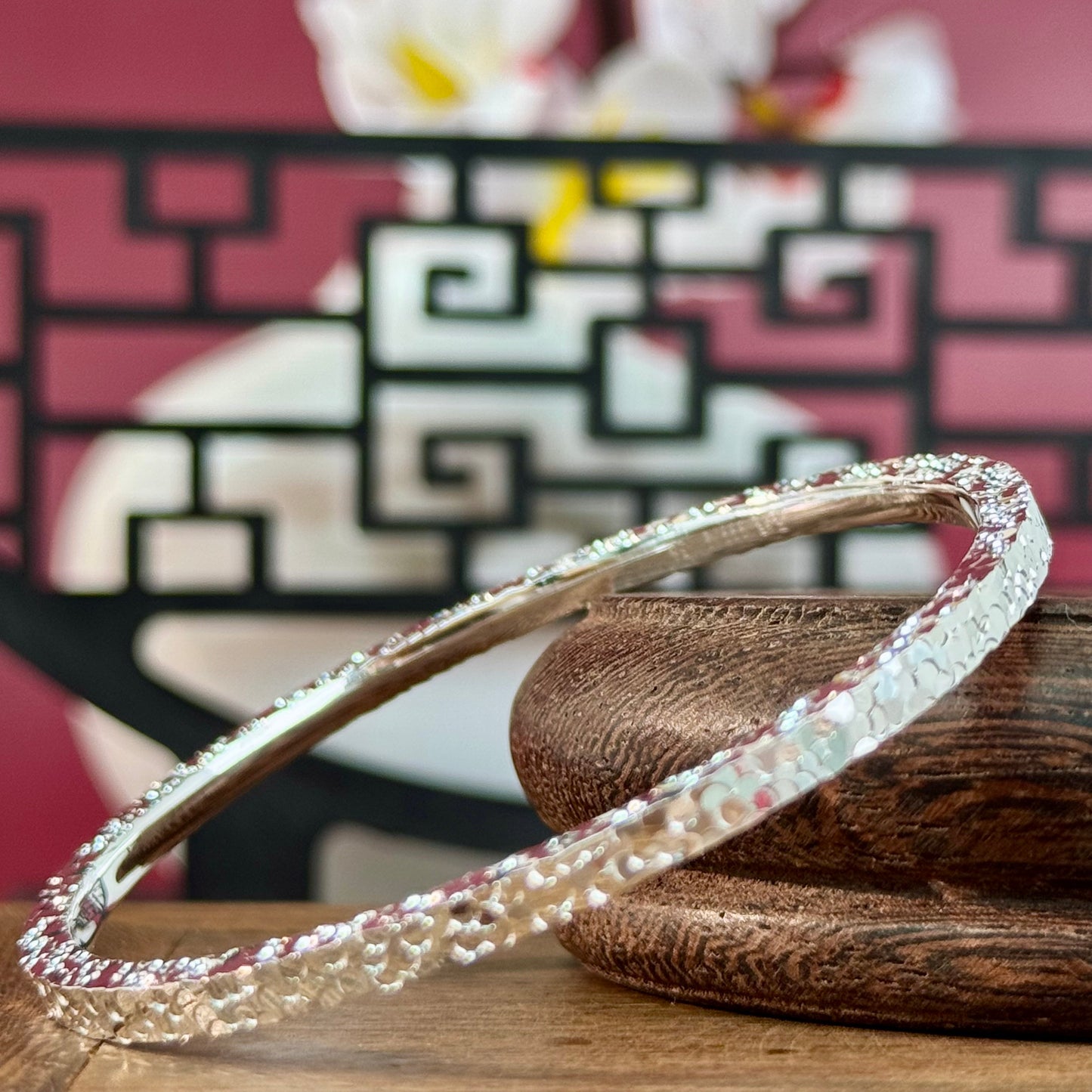 Silver "Sparkle Texture" Slim Bangle – Shimmer Hides on Wrist, Understated Dynamic Luxury | POD Customizable