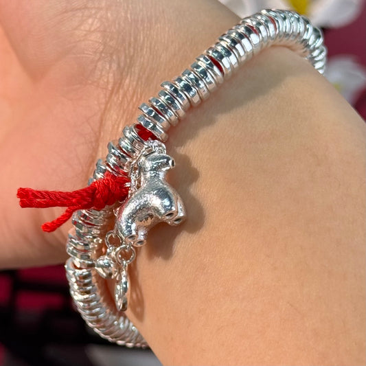 Silver Beaded Red String "Auspicious Cute Ox" Bracelet – Silver Beads Wrapped in Red, Auspicious & Playful Vibe on Wrist | POD Customizable