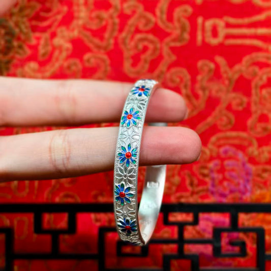 Luxury Cloisonné Daisy Bracelet Sterling Silver with Traditional Engraving Traditional Chinese Style Ideal Gift | POD Customizable