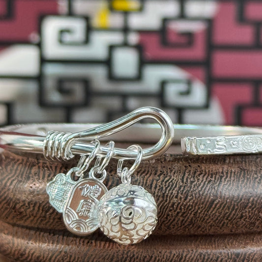 Pure Silver Bell & Pattern "Good Fortune & Bliss" Bangle – Luck Woven in Patterns, Blessings in Bell Chimes | POD Customizable