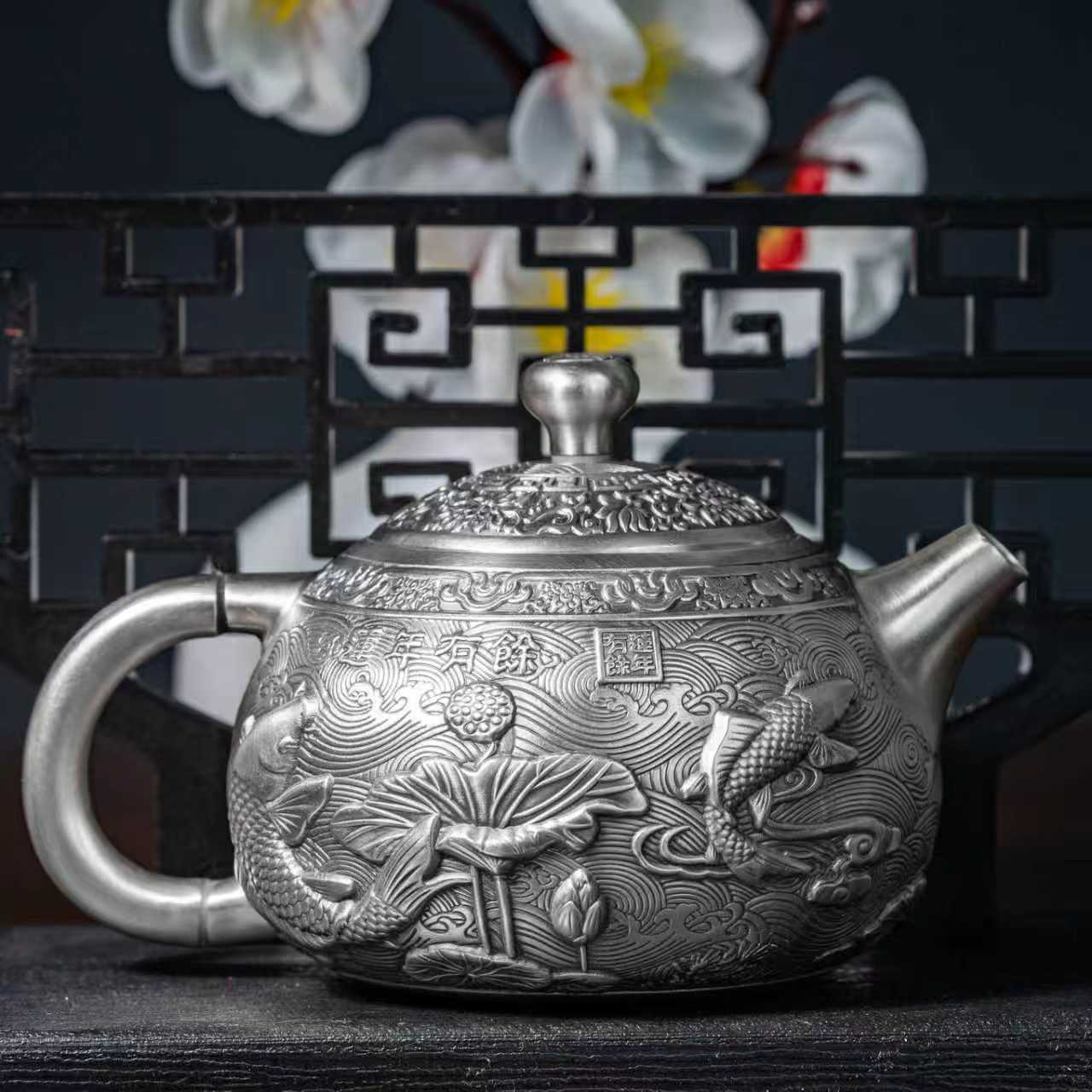 Year-Round Abundance Tea Set with Antique-Finished Silverware Personalized Decorative Piece in Plain Style Handcrafted | POD Customizable