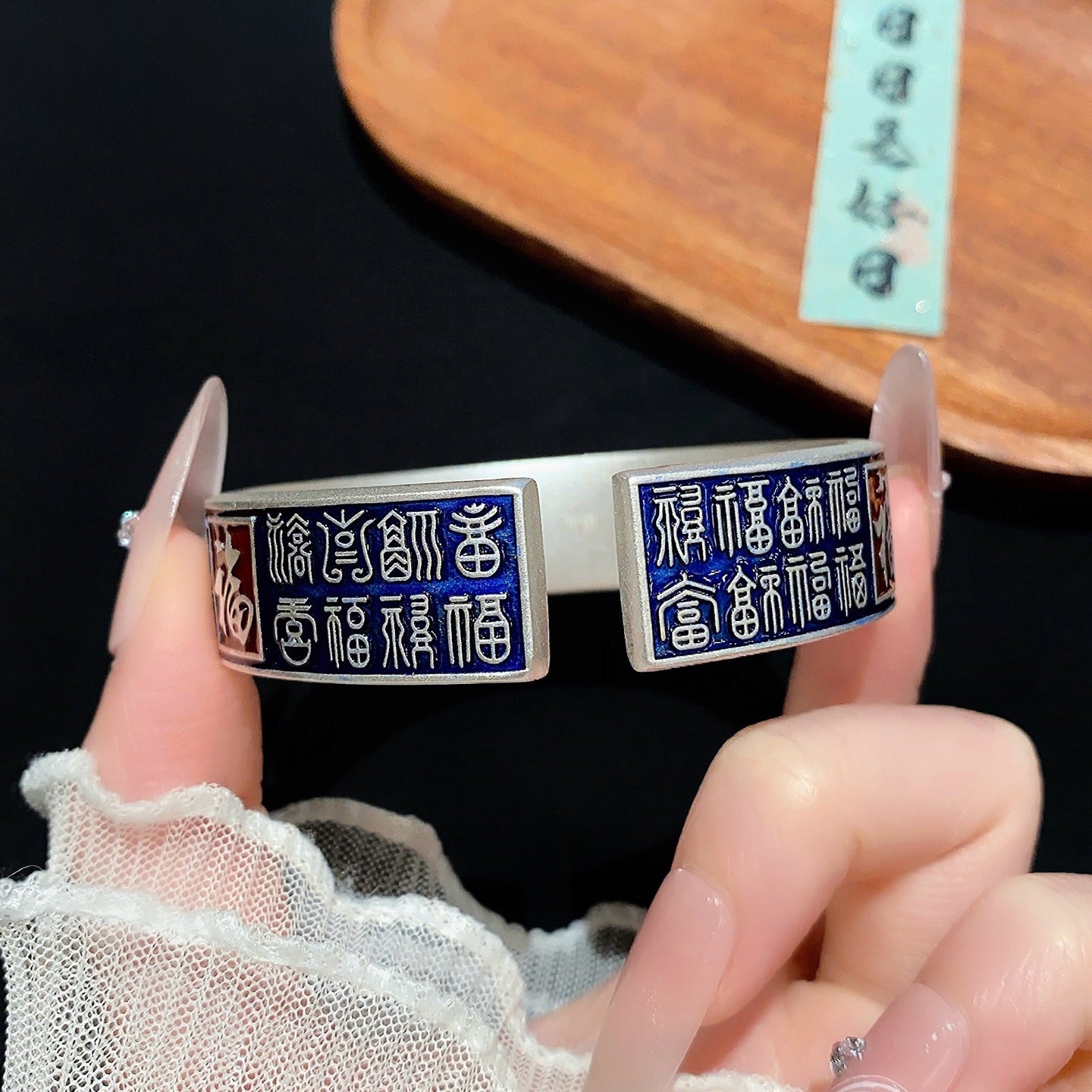 Fine Silver Hundred Blessings Cloisonné Enamel Heavy-Work Bracelet  Chinese Style Vintage National Style | POD Customizable