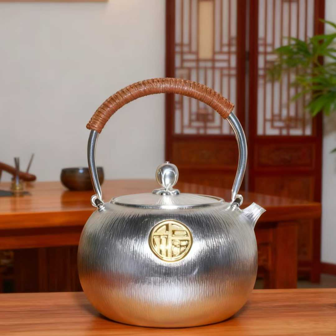 Fortune Kettle Fine Silverware with Full-Patterned Matte Tree-Grain Design Auspicious Tea Set | POD Customizable