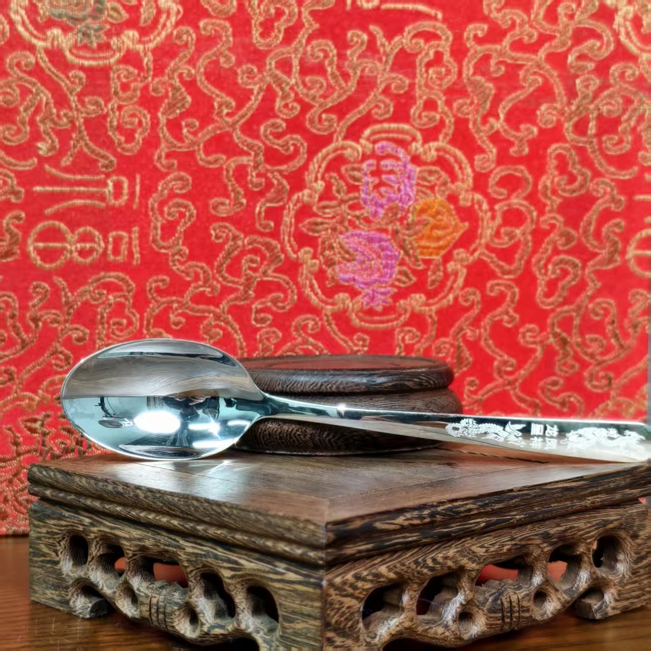 Sterling Silver Homeware: Grand Dragon and Phoenix Auspiciousness Chinese-Style Silverware Spoon with Vintage Polished Finish | POD Customizable