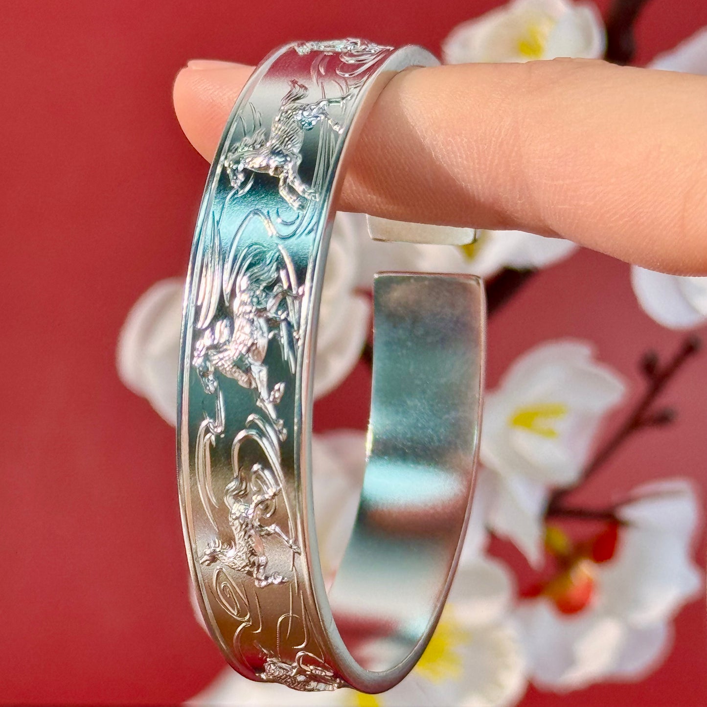 Silver Product "Galloping Horse Pattern Open Bangle" – Silver Steed on Wrist, Fortune Follows Always | POD Customizable