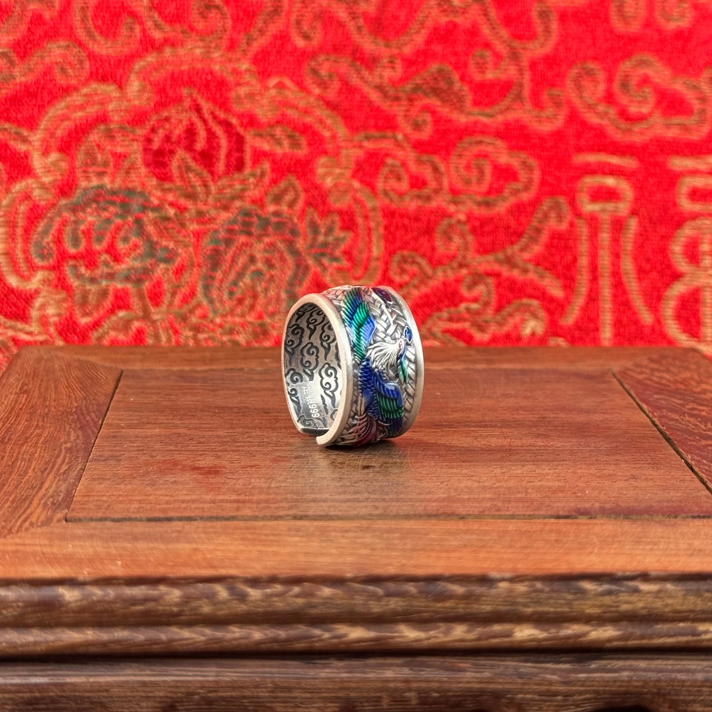 Solid Silver Cloisonné Phoenix & Auspicious Cloud Bracelet – Wear Traditional Chinese Blessings as a Colorful Wrist Feast | POD Customizable