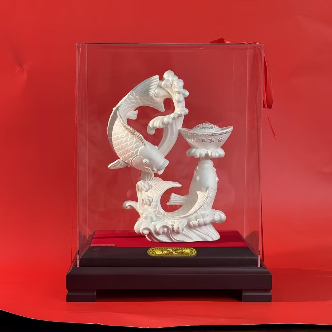 Silver Double Fish & Treasure Ornament – Two Fish Gather Fortune, Abundance Year After Year | POD Customizable