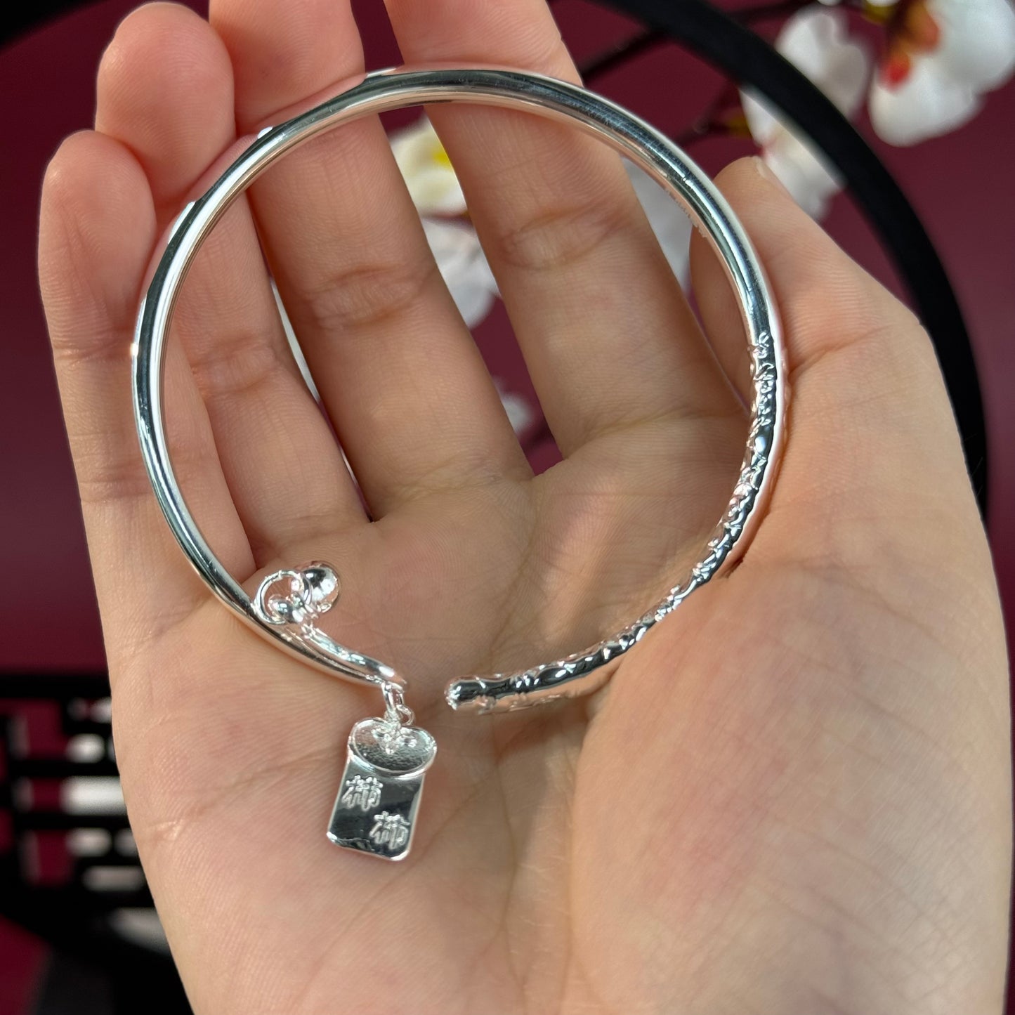 Pure Silver Bamboo Joint "Shishi Ruyi" Bangle – Bamboo Charm & Wrist Blessings | POD Customizable