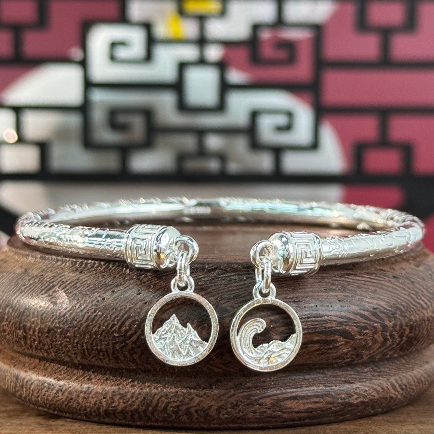 Pure Silver Mountain & Sea Pattern Bangle – World in Your Wrist, Rivers & Peaks in Silver | POD Customizable