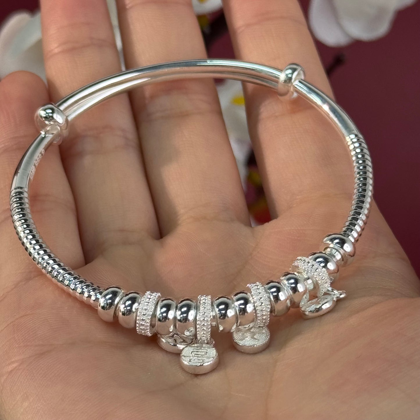 Silver "Peace & Joy" Adjustable Bangle | POD Customizable