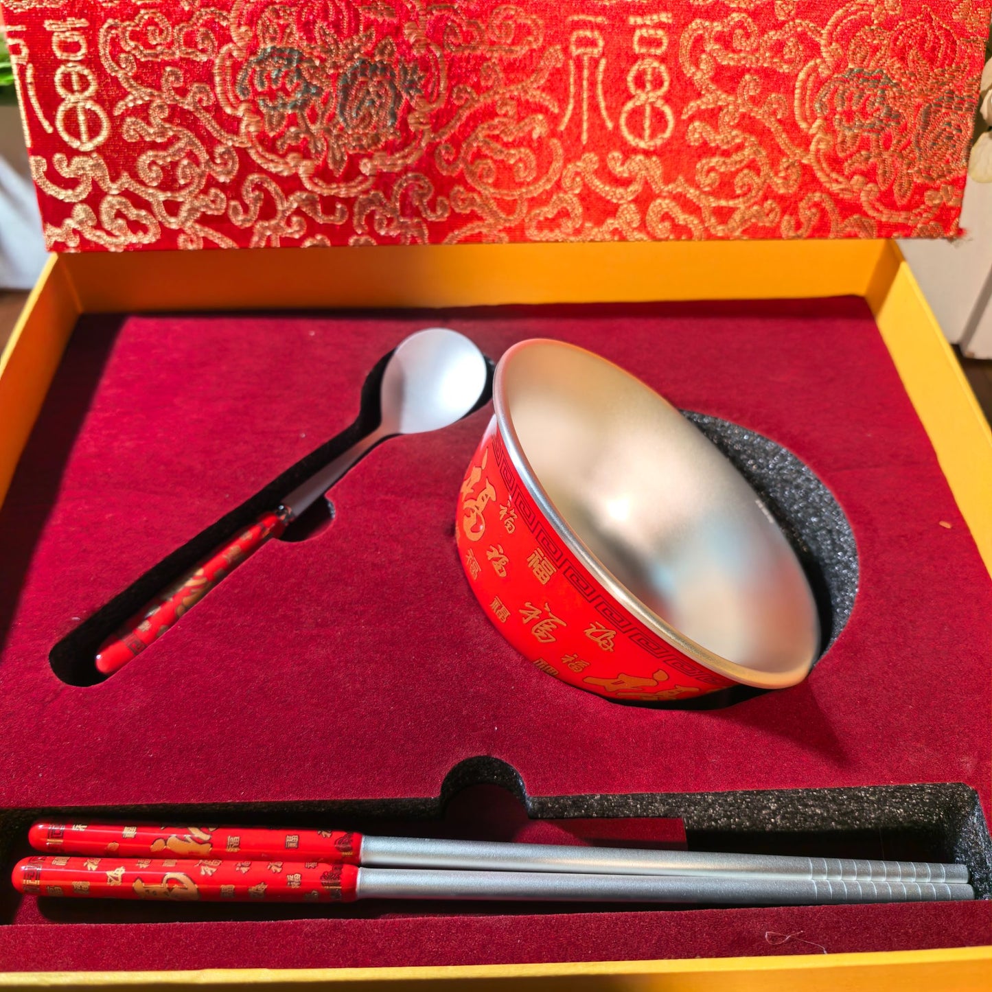 High-Grade Fine Silver Homeware: Large Red Auspicious Silver Bowl Chinese-Style Silverware with Vintage Polished Finish | POD Customizable