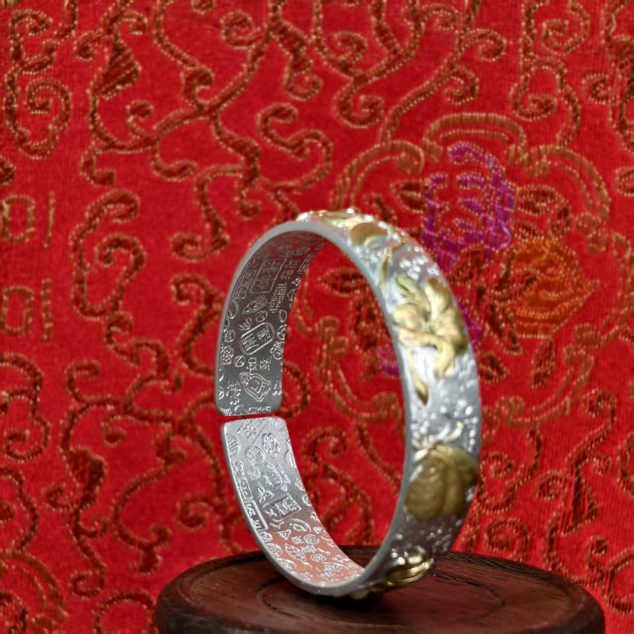 Luxury Floral Gold-Plated Bracelet Sterling Silver Traditional-Style Bangle Ideal Gift | POD Customizable