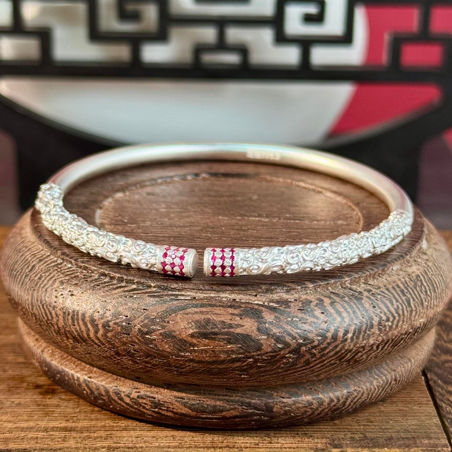 Silver with Diamond Accents "Intertwined Branch Charm" Open Bangle – Silver Texture with Red Accents, Elegant Atmosphere on Wrist | POD Customizable